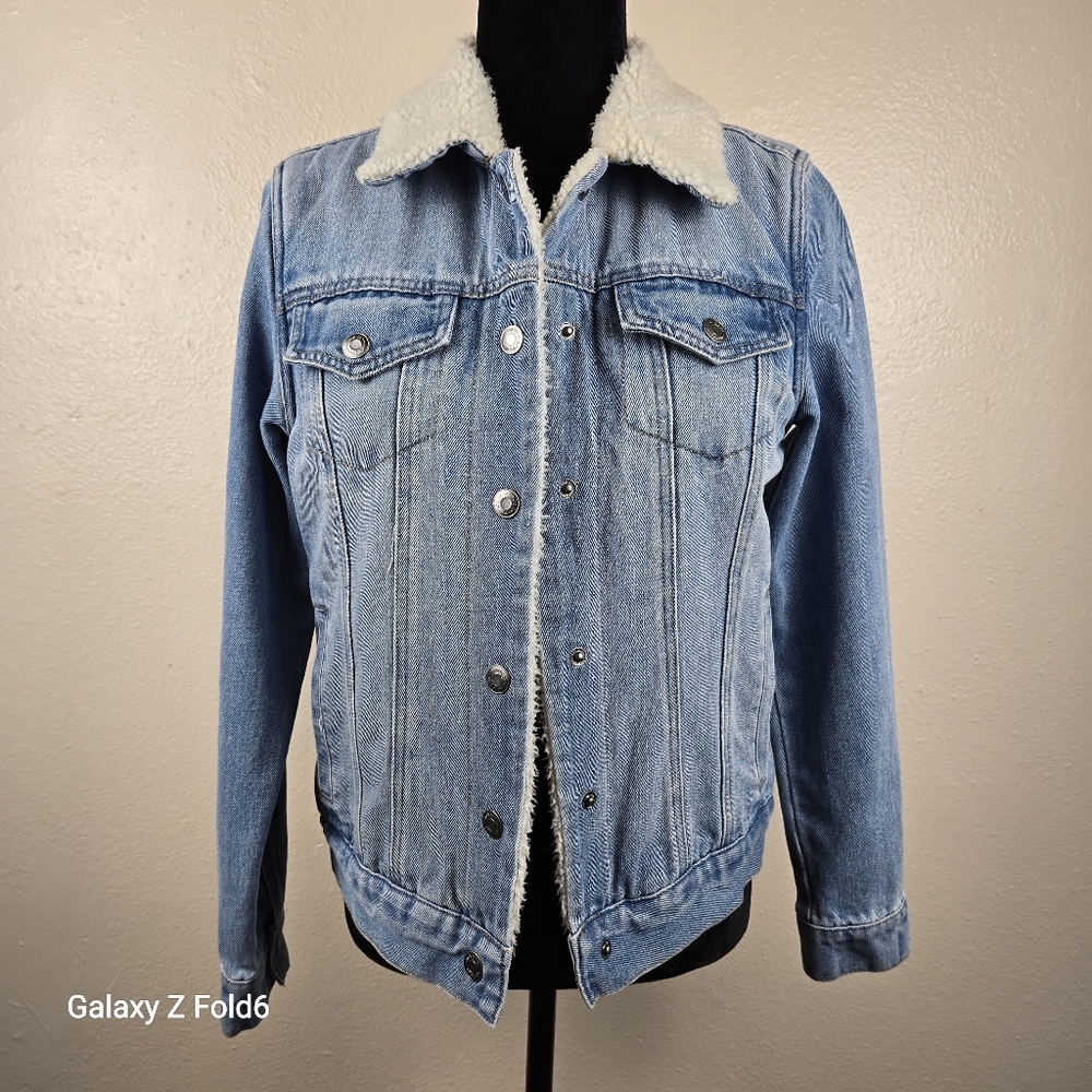 Working Title Denim Sherpa Jacket Blue Faux Fur Lined Trucker Women’s‎ Small